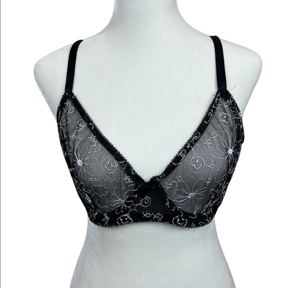 Savage X Fenty Black White Embroidered Sheer Mesh Bra 32DDD - Picture 1 of 5